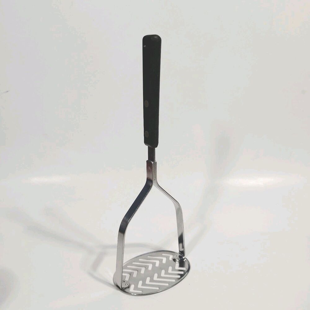 Vintage EKCO Forge Potato Masher Black Handle Oval Base Stainless Slotted